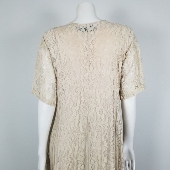 Avant Garde VTG 80s Bohemian Cottage Floral Lace Beige Flowy Rayon Dress Size M - Picture 7 of 16